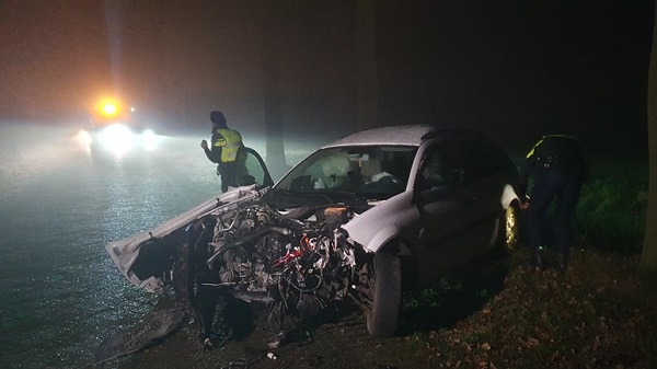 Automobilist botst in dichte mist tegen boom en raakt gewond (video)