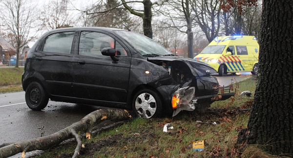 Auto botst op grote afgebroken tak van boom