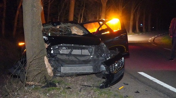 Bestuurder gewond na botsing met boom en verkeersbord (video)